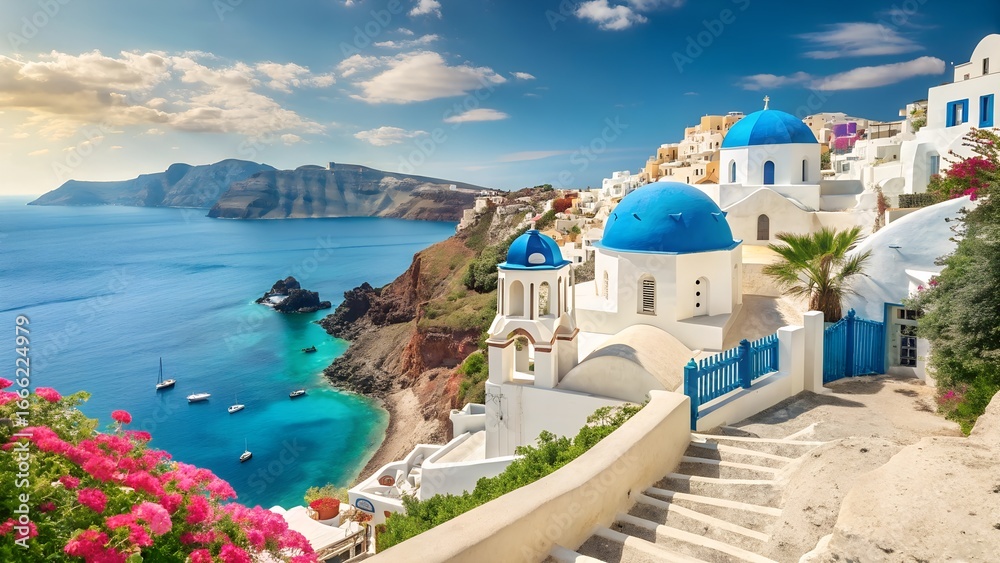 Fototapeta premium Greece vacation holiday, sunny seaside town background wallpaper backdrop. Travel destination, resort, beautiful nature view, panorama.