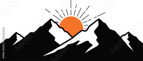 Mountain Sunrise Logo. Sun Rising Over Mountain Peaks Vector Icon.
