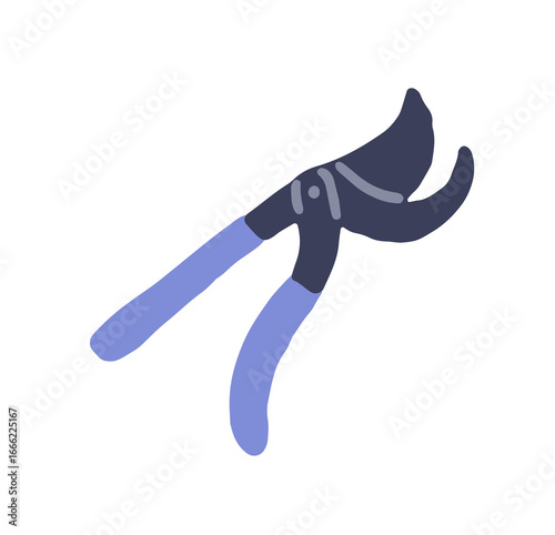 Icon of secateurs. Hand pruners to care about garden and orchard. Pruning shears to cut branches of trees and shrubs. Farm work tool. Flat isolated drawing vector illustration on white background