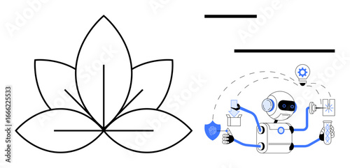 Minimalistic robot completing tasks and a lotus symbol side by side. Ideal for technology, innovation, automation, artificial intelligence, science, mindfulness, and balance. Simple flat metaphor