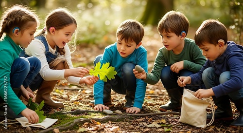 A diverse group of curious young friends explore the forest floor together, fostering a love for nature and learning through discovery