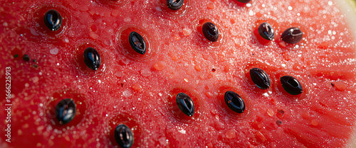 Close up macro of fresh red watermelon pulp with black seeds and water drops, juicy summer fruit background showing natural sweetness, healthy organic food texture perfect for diet and refreshing conc