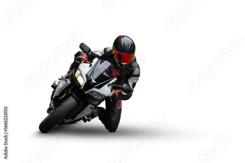 Quadro em tela Motorcycle Rider in Black and Red Gear Cornering on Sportbike