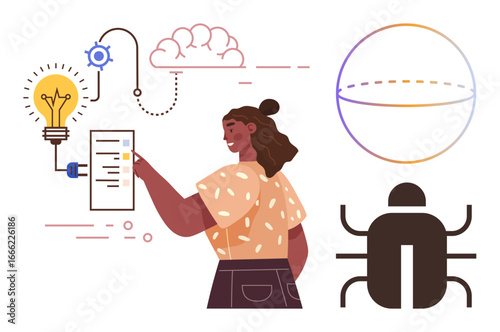 Woman interacting with a diagram featuring system chart, workflow, debugging elements, lightbulb, and bug icon. Ideal for software development, coding, debugging, innovation brainstorming