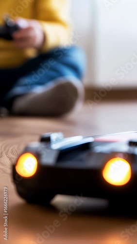 Young kid concentrating while controlling radio controlled car model across wooden floor, experiencing playful learning and joy of electronic toy vehicle