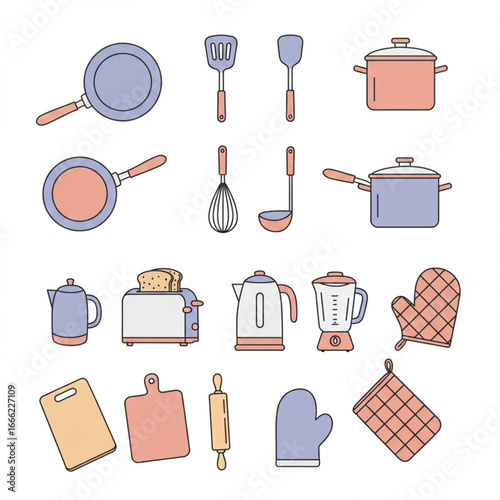 Collection of kitchenware and cooking utensils in a flat design style.