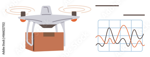 Delivery drone transporting a package, accompanied by an analytical graph highlighting data trends. Ideal for logistics, delivery systems, innovation, technology, data analysis, e-commerce