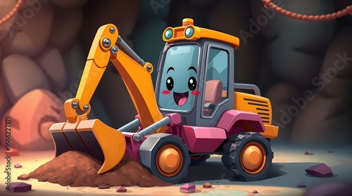 Cute and colorful 2D illustration of an adorable excavator with a strong scoop and charming, mischievous face. The excavator is near a pile of dirt in a mystic, enchanting environment with gentle 