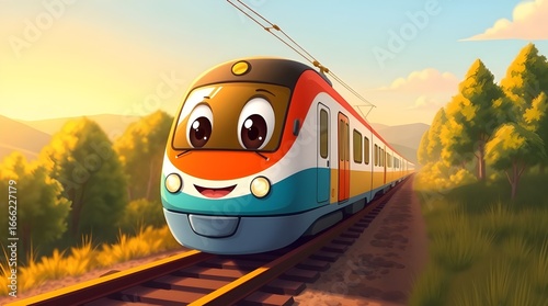 A 2D illustration of a cheerful, high-speed train with large, friendly eyes and a smiling face, rendered in a cute and colorful style with gentle, soft light and surreal infrared tones. The train runs