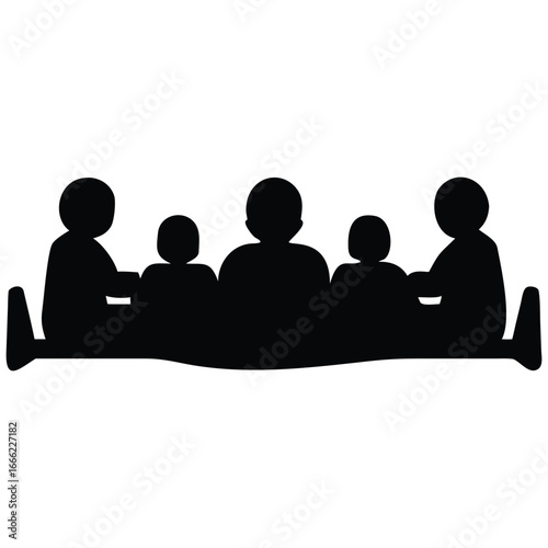 Black silhouettes of five people sitting around a table, representing a meeting, discussion, or group gathering.
