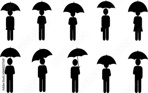 People with umbrella action silhouette. Good use for symbol, web icon, logo, sign, mascot, or any design, you want. Easy to use.

