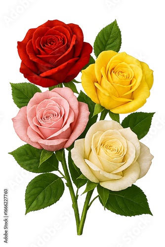 Four colorful roses arranged together on a white background