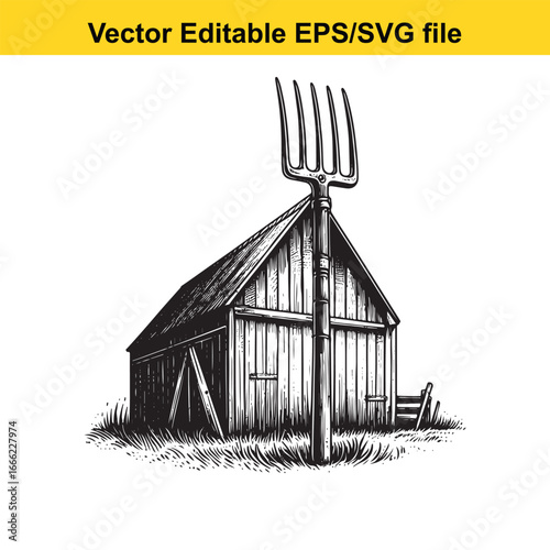Rustic wooden barn with pitchfork in front, country scene