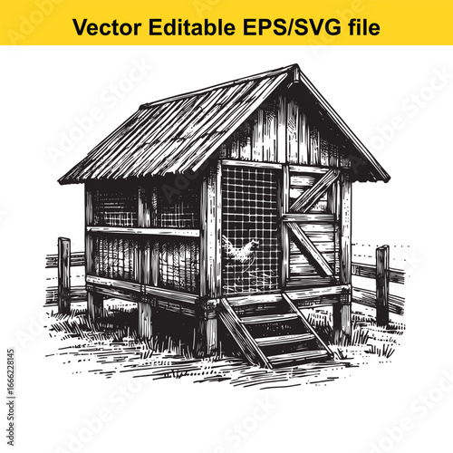 Rustic wooden chicken coop with hen inside, sketch style, vector editable epssvg file