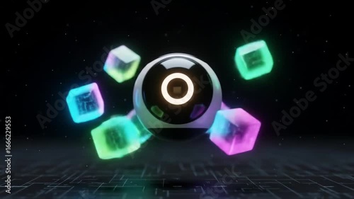 Futuristic Cute Robot Floating Among Neon Glowing Cubes, Digital Network AI Concept