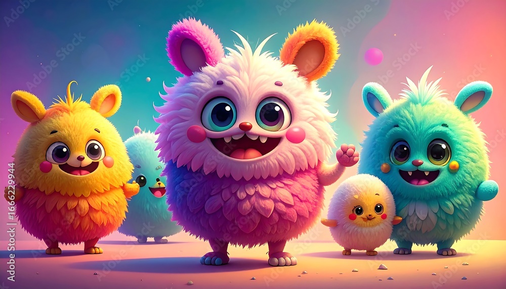 Fototapeta premium A group of cheerful, fluffy creatures with vibrant colors and playful expressions.
