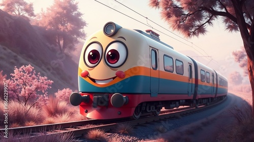 A 2D illustration of a cheerful, high-speed train with large, friendly eyes and a smiling face, rendered in a cute and colorful style with gentle, soft light and surreal infrared tones. The train runs