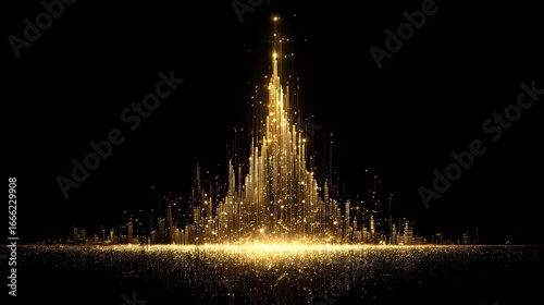Gold Particles Emanate From Ground Forming Towering Structure Against Black Background