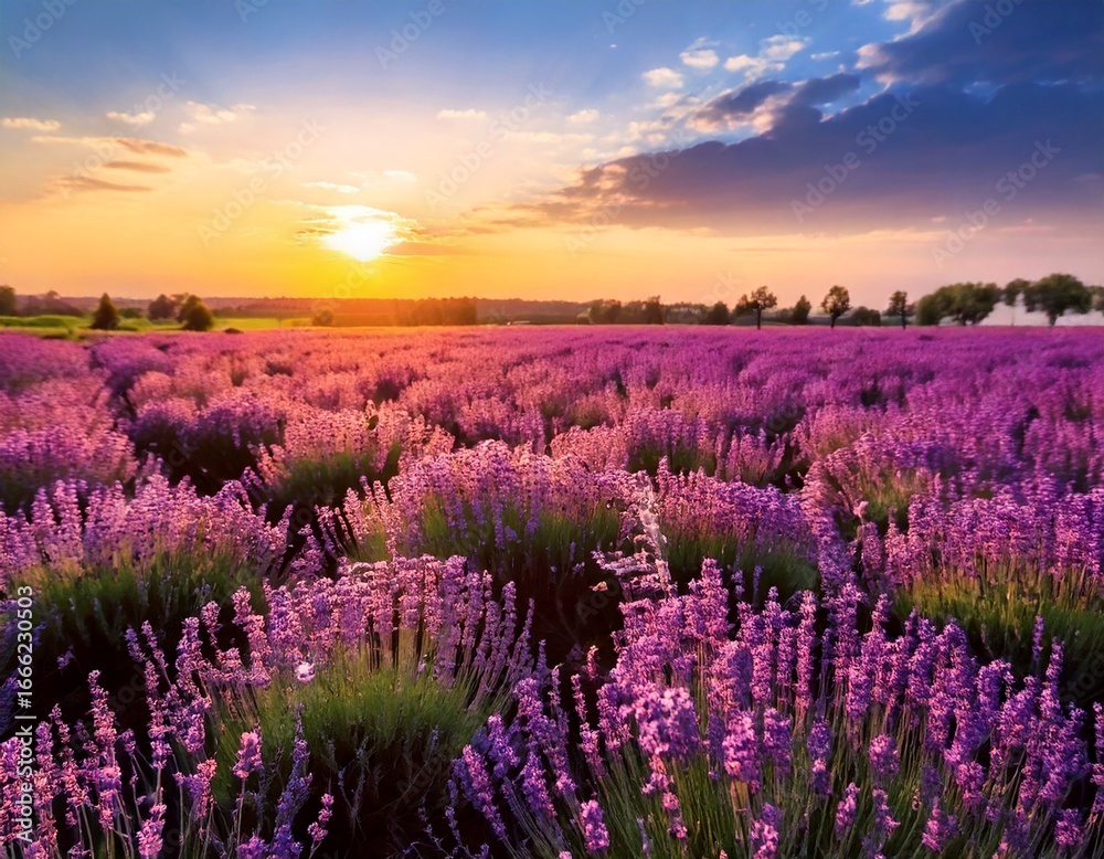Naklejka premium Wonderful nature landscape, amazing sunset scenery with blooming lavender flowers. Moody sky