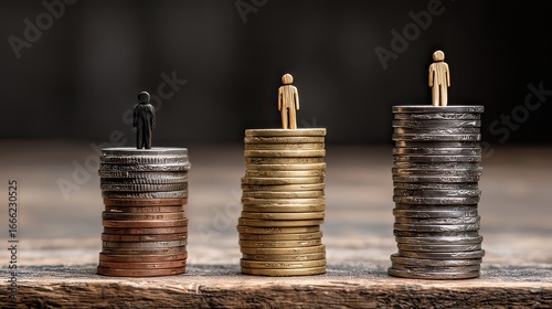 Figurines on Stacked Coins Symbolizing Wealth Disparity and Economic Inequality in Modern Society