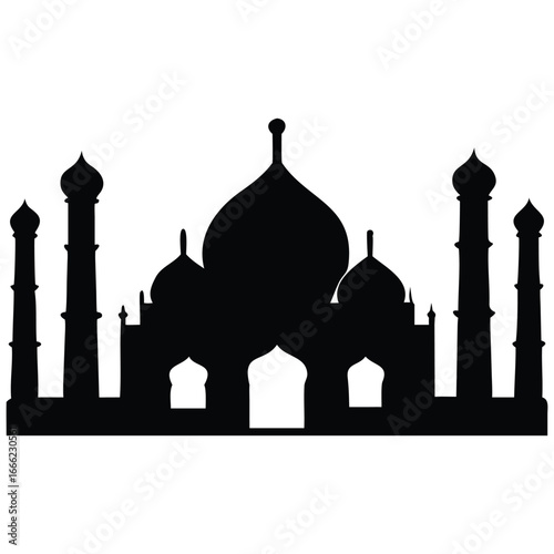 Silhouette of the Taj Mahal, an iconic white marble mausoleum in Agra, India.