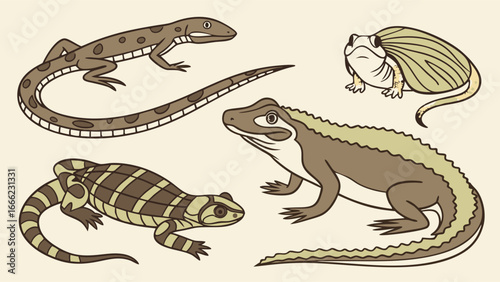 Set of various lizards and amphibians vector illustration. Diverse reptile and salamander animal collection, wildlife creatures.