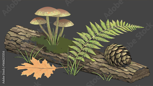 Forest floor still life with log, mushrooms, fern, pine cone, and autumn leaf. Natural woodland elements.