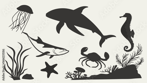 Underwater marine life silhouettes set. Ocean sea creatures collection with shark, jellyfish, seahorse, fish, crab, starfish, aquatic plants.