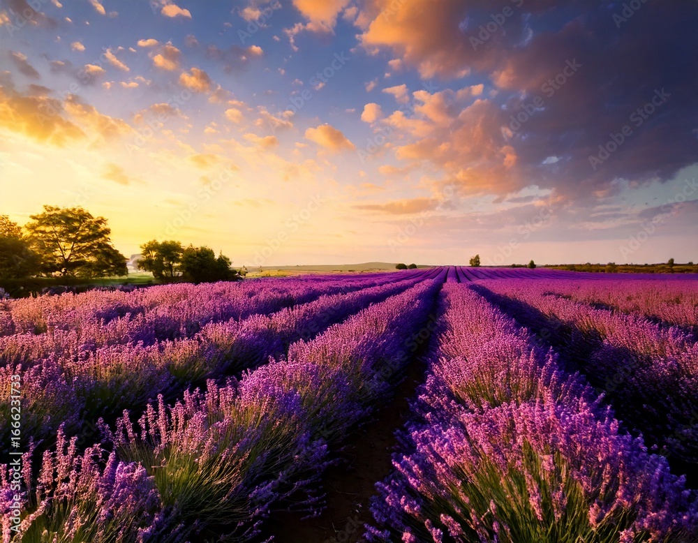 Fototapeta premium Wonderful nature landscape, amazing sunset scenery with blooming lavender flowers. Moody sky 
