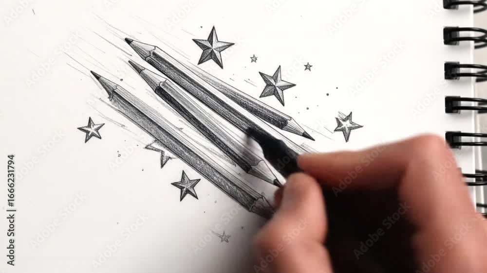 Pencil drawing of multiple pencils with stars