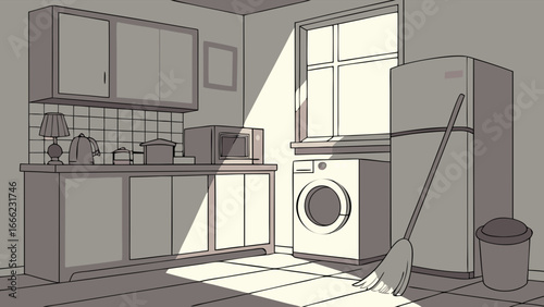 Bright and tidy home kitchen and utility room with washing machine, refrigerator, microwave, and sunlight.