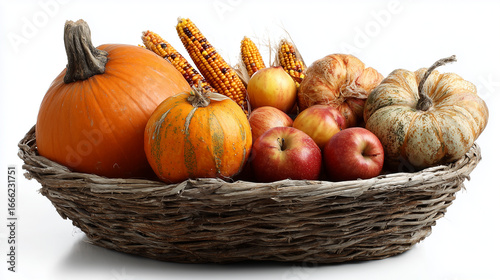 thanksgiving harvest basket with pumpkins isolated in white