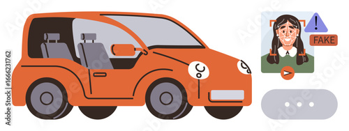 Autonomous vehicle with sleek design, screen showing deepfake detection. Ideal for AI, machine learning, cybersecurity, ethics, transportation, education future tech. Simple flat metaphor