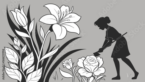 Woman gardening and tending to flowers in a beautiful garden. Floral nature illustration in black and white style.