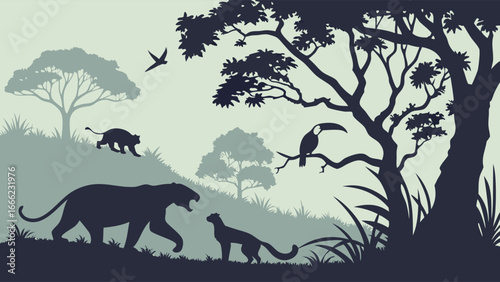 Jungle wildlife silhouette with big cats, toucan, and birds. Tropical forest nature landscape. Wild predators and trees.