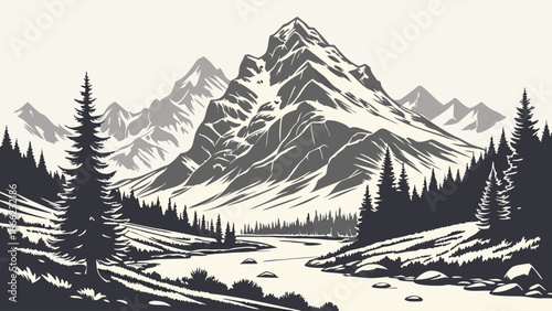 Scenic mountain landscape with a flowing river, pine trees, and forest. Black and white nature illustration, outdoor adventure.