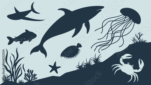 Marine life silhouettes set ocean animals sea creatures fish dolphin shark jellyfish crab starfish underwater vector