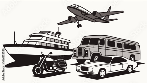 Transportation modes including airplane, ship, bus, car, and motorcycle. Travel, tourism, journey, vacation.
