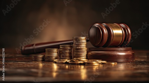 Gavel and Stacks of Gold Coins Representing Legal Justice, Financial Success, and Economic Power in a Courtroom Setting