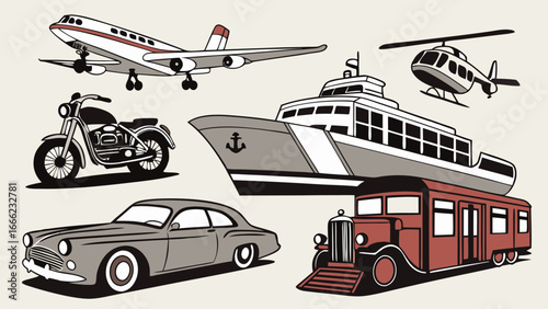 Vintage transportation vehicles set Airplane helicopter ship motorcycle classic car train travel modes collection