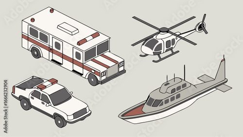 Isometric Emergency Rescue Vehicles Set. Ambulance, Police Truck, Helicopter, Patrol Boat. Public Safety Transport.