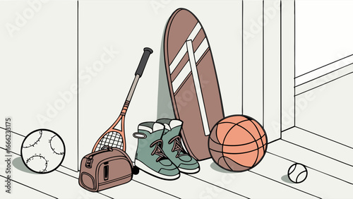 Sports gear collection. Basketball, tennis racket, soccer ball, snowboard, sneakers, and bag. Active lifestyle and hobbies.