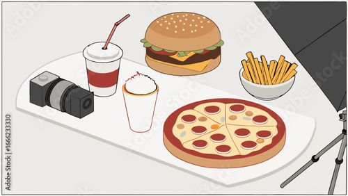 Fast food photography studio flat lay burger pizza fries soda milkshake commercial marketing advertising menu