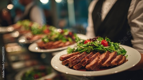 Professional waiter serving a plate of roasted meat with fresh salad and cherry tomatoes, with multiple similar dishes in the background under warm, elegant restaurant lighting.