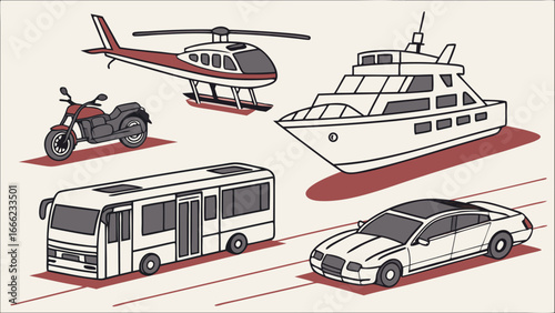 Various transportation vehicles concept. Car, bus, motorcycle, helicopter, boat. Different modes of air, land, water travel.