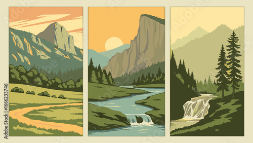 Beautiful nature landscape vector illustration set with mountains river waterfall trees and scenic views Outdoor adventure