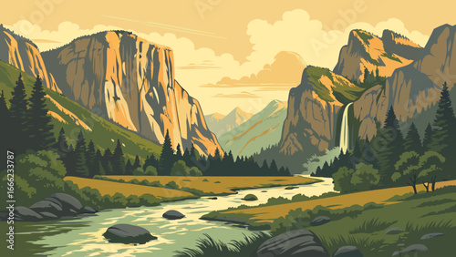 Beautiful nature landscape illustration of a mountain valley with river, waterfall, green forest, and warm sky.