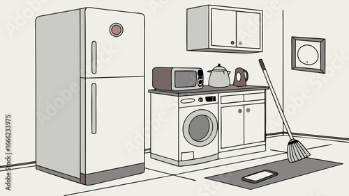 Simple kitchen interior with modern home appliances: refrigerator, washing machine, microwave, and cleaning broom.