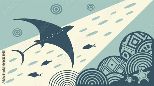 Abstract blue manta ray and fish swimming in ocean. Underwater marine life illustration with decorative patterns, circles, light.