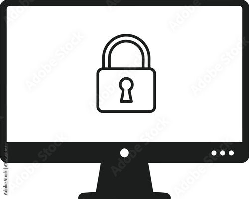 Cybersecurity Icon – Computer Monitor with Padlock Symbol in Black Silhouette Style for Data Protection, Privacy, and Secure Access UI Designs